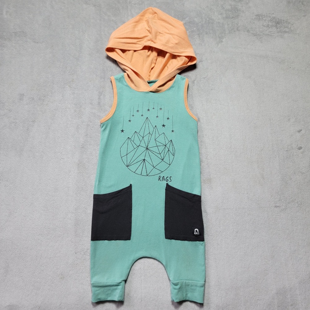 Rags 12-18M Kids Teal Orange Geometric Mountain Sleeveless Hooded Romper